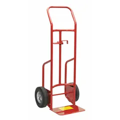 Straight-frame hand truck designed for moving steel containers. Overall dimensions 48 in x 20-1/2 in x 20 in. Equipped with solid rubber wheels. Suitable for transporting steel drums in industrial and warehouse settings.