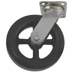This Dayton swivel caster is a replacement component for platform trucks, constructed with a steel frame and a rubber/steel wheel. It has a 600 lb load capacity and overall dimensions of 9-7/8 in length by 8 in width. The caster is finished in black and is suitable for material handling applications requiring mobility and load support.