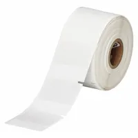 Precut label roll of self-extinguishing vinyl with white matte finish. Each label measures 1/2 in x 1-1/2 in, supplied 1,000 per roll. Compatible with BBP11 printer series; requires R4313 ribbon. Suitable for flame-resistant labeling applications such as cable marking, equipment identification, and safety signage