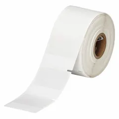 Precut label roll of self-extinguishing vinyl with white matte finish. Each label measures 1/2 in x 1-1/2 in, supplied 1,000 per roll. Compatible with BBP11 printer series; requires R4313 ribbon. Suitable for flame-resistant labeling applications such as cable marking, equipment identification, and safety signage.