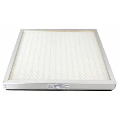 HEPA filter designed for use in ductless fume hoods to capture airborne powders and particulates. Measures 18 in width, 18 in depth, and 1 3/4 in height. Suitable for laboratory and industrial environments requiring containment of hazardous dusts.