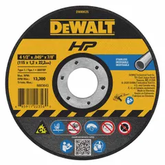 DEWALT DW8062S contaminant-free cut-off wheel, Type 1, 4-1/2" diameter, 0.045" thickness, 7/8" arbor. 60-grit aluminum oxide abrasive (A60S) designed for cutting stainless steel without introducing contaminants. Suitable for metal fabrication, welding, and machining applications requiring clean, burr-free cuts.