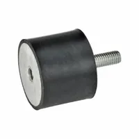 Cylindrical vibration-isolating mount with male x female configuration and M6 thread size. Isolator body is natural rubber. Used to reduce transmitted vibration from rotating or reciprocating equipment such as pumps, compressors, and motors
