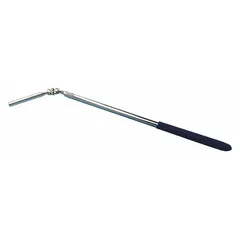 This hinged magnetic pickup tool features a permanent magnet and a telescoping steel shaft with a rigid steel core. The plastic handle provides a comfortable grip. It is designed for retrieving small ferrous metal objects from confined or hard-to-reach areas, such as under machinery or in tight spaces.