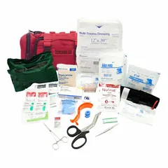 Bleeding control kit in a nylon housing with 4 pockets, containing 60 components for 2 people. Includes Multi-Trauma Dressing. Suitable for workplace, industrial, or emergency response settings where rapid wound management is needed.