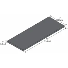This phenolic shelf measures 36 inches in length, 12 inches in width, and 1 inch in height. It is designed for use in laboratory environments to store equipment, glassware, and supplies. The black phenolic material resists chemicals and moisture, making it suitable for standard lab benching.