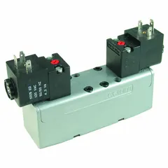 Double solenoid, five-way/three-position pneumatic directional control valve with closed center, 30 mm width. Features internal pilot operation, detent, and non-locking manual override. Coil voltage 24V DC. Suitable for controlling pneumatic actuators in industrial automation applications requiring a locked mid-position.