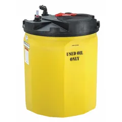 This bulk used-oil storage tank has a 150-gallon capacity, 61-inch overall height, and 30-inch overall width. It is designed for storing waste oil in industrial facilities, garages, and maintenance shops, facilitating collection before disposal or recycling.