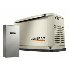 This air-cooled standby generator operates on natural gas or propane, providing 240V AC single-phase power at 70.8 A. It includes a transfer switch and is CARB compliant. Suitable for backup power in residential and light commercial applications.
