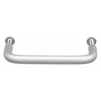 Fixed, non-recessed pull handle made of aluminum with a dull anodized silver finish. Features threaded holes for M4 screws, a 1.3 in projection, and a 0.31 in grip thickness. Suitable for use on industrial enclosures, cabinets, and machinery doors