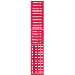 Red adhesive pipe marker with white legend reading 'Sprinkler Fire'. Designed for pipes with outer diameter of 3/4 inch and smaller. Each pack contains 3 markers without directional arrows. Used to identify fire sprinkler piping in commercial and industrial facilities.