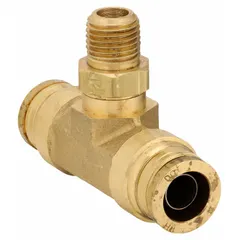 Brass tee fitting with one 1/8 in male NPT pipe thread and two 3/8 in OD push-to-connect tube ports. Used in compressed air systems for branching or joining tube lines without tools.