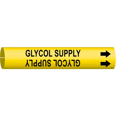 BRADY Pipe Marker: Glycol Supply, Yellow, Black, Fits 3/4 to 1 3/8 in Pipe O.D. - Glycol Supply Snap-On Pipe Markers
