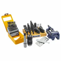A 52-piece clamping kit for drill press tables with 1/2 in T-slots. Includes four 5 in studs with 1/2"-13 thread. Used to secure workpieces during drilling, tapping, and reaming operations in metalworking and woodworking applications