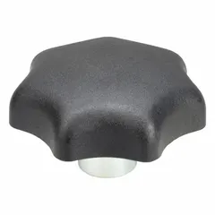 This 7-arm knob features a 63 mm diameter plastic body with a steel threaded insert. The 3/8"-16 thread has a 22 mm length, providing secure fastening for manual adjustment, clamping, or positioning on machinery in industrial settings.