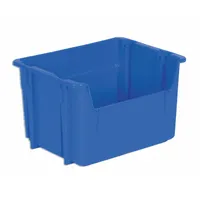 Blue colored plastic bin with a 40 lb load capacity. Suitable for storage and transport of parts and materials in warehouses, manufacturing, and distribution centers. Stacking and nesting design saves space when full or empty