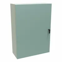 This steel washdown enclosure measures 42 x 30 x 12 inches and features a solid hinged cover secured by latches. Rated NEMA 12/3R/4, it provides protection against dust, dripping water, rain, sleet, and hose-directed water, making it suitable for housing electrical controls and components in indoor or outdoor industrial environments. Knockouts are not included