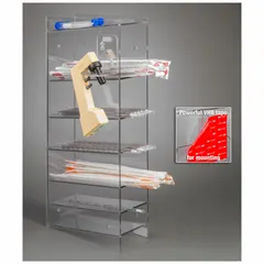 Wall-mounted pipette holder made of clear PETG. Overall height 24 5/8 in, overall length 11 in. Designed to store serological pipettes and accommodate a pipette aid in laboratory environments.
