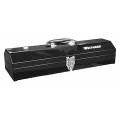 This steel tool box features a black finish and a single compartment for storing and organizing hand tools. It includes a padlock for secure closure. Typical applications include use in workshops, garages, and job sites for portable tool storage.