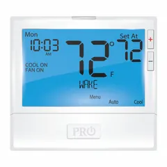 Square push-button thermostat for 1H/1C conventional heat and cool systems. Features manual changeover, 7-day programming, and a temperature range of 44° to 90°F. Terminal designations include B, C, G, O, RC, RH, W, and Y. Low-voltage, horizontal mount.