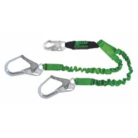 Two-leg shock-absorbing lanyard with steel rebar hooks and polyester web loops. Constructed from green polyester webbing with a built-in shock absorber to reduce fall-arrest forces. Includes a visual load indicator to show if the lanyard has been subjected to a fall. Used for fall protection in construction, steel erection, and industrial work at height