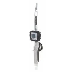 Digital metered manual dispense gun with 1/2 in FNPT inlet and auto-shutoff mechanism. Designed for controlled, spill-free transfer of fluids from drums in industrial fluid handling systems.