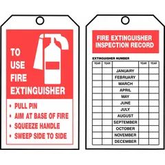 White octagonal cardstock tag for recording fire extinguisher inspections. Measures 6-1/4 inches high by 3 inches wide. Supplied in a 250-pack. Used to document inspection dates and status for periodic safety checks.