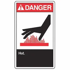Adhesive vinyl safety sign warning of hot surfaces or equipment. Each sign measures 3 1/2 in x 5 in nominal size, 0.02 in thick, with adhesive mounting. Not retroreflective and does not glow in the dark. Suitable for indoor use to mark burn hazards.