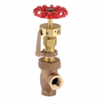 Bronze angle-body globe valve with brass bonnet and stainless steel disc. 1/2-inch female NPT connections. Used in boiler blow-down systems for draining sediment and controlling discharge of steam, water, gas, or oil