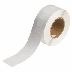 Acrylic permanent adhesive label roll with inkjet print-receptive material, compatible with J4000 printer series. Each roll contains 1,500 precut labels measuring 1 in x 1 in. Used for industrial labeling such as asset tagging, cable marking, and safety identification.