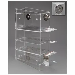 Wall-mounted rack made of clear acrylic, designed to hold up to four serological pipettes. Overall height 16 in, length 11 in. Provides organized storage in laboratory settings, reducing clutter and risk of breakage.