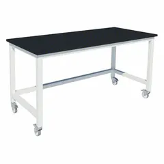 This fixed-height lab table features a Petal White phenolic countertop that resists chemicals and moisture, mounted on a steel frame with locking swivel casters for mobility and stability. Suitable for industrial laboratories, testing facilities, and clean rooms where a durable, stationary work surface is required.