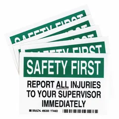 Polyester adhesive signs, 3 1/2 in x 5 in, 0.01 in thick. Non-retroreflective, non-glowing. Used to communicate safety instructions in indoor industrial environments.
