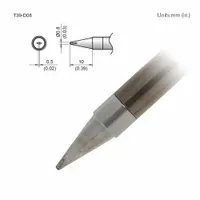 Chisel-shaped soldering tip with 0.8 mm width and 10 mm length. Compatible with HAKKO FX-9702 handpiece. Used for precision soldering tasks including fine-pitch component work