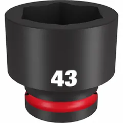 This 3/4" drive impact socket is designed for use with impact wrenches on heavy-duty fastening applications. The 43 mm metric, 6-point configuration provides a secure grip on hex fasteners, reducing the risk of rounding. Suitable for industrial maintenance, automotive repair, and construction tasks.