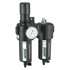 This FRL unit combines filtration, pressure regulation, and mist lubrication for compressed air systems. It handles up to 118 cfm at 250 psi maximum operating pressure, with a 40 micron filter element. Typical applications include pneumatic circuits in industrial machinery and air tools.