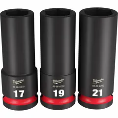 This 3-piece metric impact socket set includes 6-point sockets in 17 mm, 19 mm, and 21 mm sizes with a 1/2 in drive. Designed for use with impact wrenches in heavy-duty fastening applications such as automotive repair, construction, and industrial maintenance.