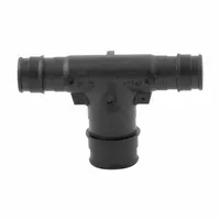 This UPONOR barbed tee is an expansion polymer tube fitting with four barbed connections. It joins three PEX pipes of 1 1/4 in, 1 1/4 in, and 1 in inner diameter. The expansion connection method provides a secure joint for plumbing and hydronic heating branch lines