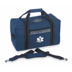 Blue polyester duffel bag with zipper closure and padded shoulder strap. Designed for carrying and organizing medical supplies or personal gear in healthcare or emergency response settings.
