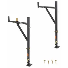 Adjustable steel ladder rack for pickup trucks, finished in black. Length adjusts from 49-1/2 in to 52 in, width from 19 in to 34 in, and height from 44-1/2 in to 47-1/2 in. Used for transporting ladders, pipes, and long materials in construction, maintenance, and utility applications.