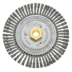 This weld-cleaning brush features a 6" diameter, 3/16" width, and 0.02" fill with a 5/8"-11 arbor. Made of stainless steel, it is designed for removing slag, discoloration, and oxidation from weld beads on stainless steel surfaces. Suitable for fabrication, piping, and structural welding applications.