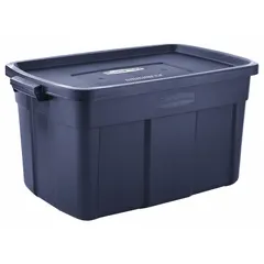 Plastic storage tote with snap-on lid, 32 1/4 in x 20 3/8 in x 16 3/4 in, Dark Blue/Metallic body and lid. Rounded edges. Nesting capable. Suitable for organizing household or industrial items.