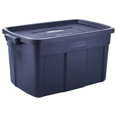 RUBBERMAID Storage Tote: 31 gal, 32 1/4 in x 20 3/8 in x 16 3/4 in, Dark Blue/Metallic Body - Colored Totes with Snap-On Lids