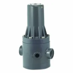 This pressure regulator is constructed from PVC with FKM seals for resistance to aggressive fluids. It features 1/4 inch NPT inlet and outlet connections and a 2 inch overall width. Suitable for applications requiring regulation of corrosive or ultra-pure liquids.