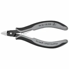Standard-cut, pointed pliers with 5 in overall length and 1/2 in jaw length. ESD-safe construction allows use in static-sensitive areas for cutting wires and small components. Suitable for precision cutting of soft to medium-hard materials in electronics assembly and repair.