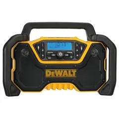 This jobsite radio operates on 12V MAX, 20V MAX, or FLEXVOLT batteries and supports AM/FM, auxiliary, Bluetooth, and USB audio sources. It includes a USB port for charging devices. Suitable for use in construction and industrial work environments.