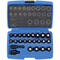 This 24-piece impact socket set includes SAE and metric sockets for use with impact wrenches or drivers. The 3/8 in drive sockets are suited for fastening and loosening nuts and bolts in automotive repair, heavy equipment maintenance, and industrial assembly.