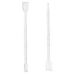 This cell lifter is made of white high-density polyethylene (HDPE) for chemical resistance and visibility. It has an overall height of 9 7/32 inches. Used in cell culture to gently lift adherent cells from dishes and flasks during harvesting and subculturing.