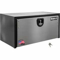 This single drop-down door box from BUYERS PRODUCTS is designed for underbody truck storage. It features a black finish, 18-inch overall depth, and a keyed lock for security. Suitable for organizing tools and equipment in service vehicles.