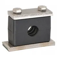This beta clamp features a ribbed bore for vibration dampening and noise reduction in piping systems. Constructed from 304 stainless steel, it provides secure pipe support in industrial applications such as hydraulics, pneumatics, and process lines